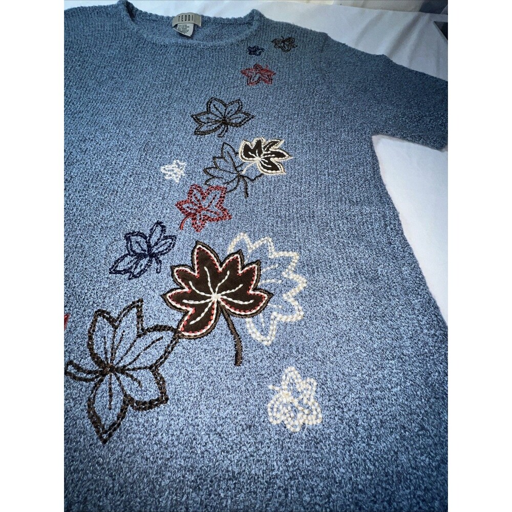 VINTAGE 90s TEDDI Leaves Embroidered Short Sleeve Sweater Medium Fall Cottage - Picture 3 of 6